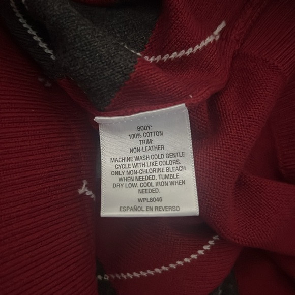 Men's XL INC novelty sweater bright rhubarb, faux leather shoulders, semi-zip - Picture 6 of 6